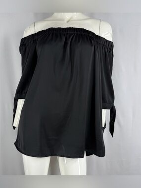 H&M Black Off The Shoulder Blouse Top Plus Size 14 Tie Sleeve Satin Feel Flowy